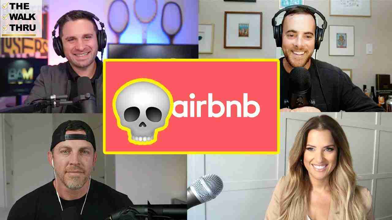 Four podcast hosts appear in a grid around a centered Airbnb graphic with a skull illustration in a yellow border, suggesting a discussion about Airbnb.