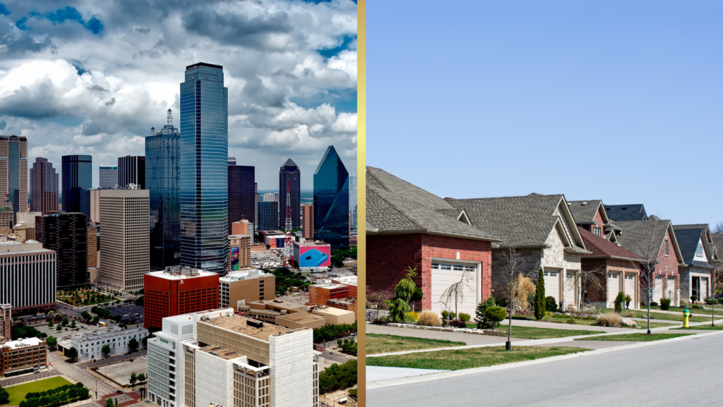 Split image showing a dense city skyline on the left and a suburban neighborhood with brick houses on the right, divided by a vertical gold line.