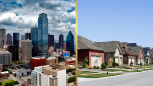 Split image showing a dense city skyline on the left and a suburban neighborhood with brick houses on the right, divided by a vertical gold line.