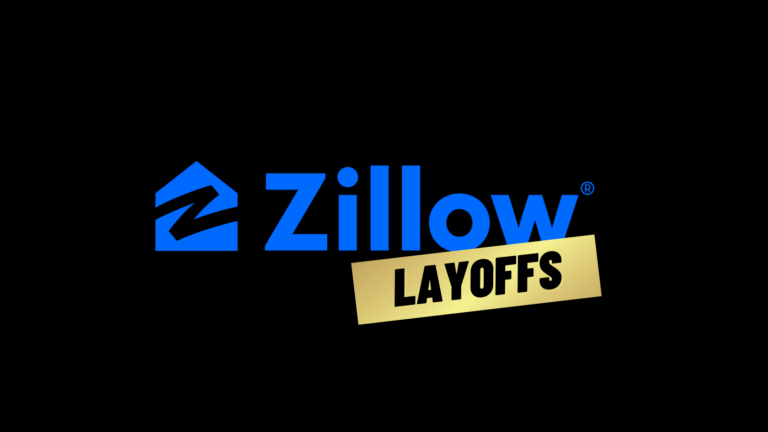 Zillow logo in blue with a gold diagonal 'LAYOFFS' ribbon, signaling layoffs news on a black background.