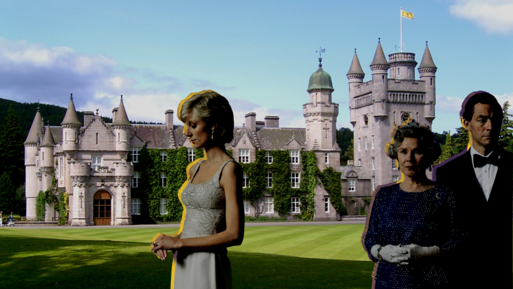 Three formally dressed people as cut-outs standing on a lawn in front of a large historic castle (collage-style).
