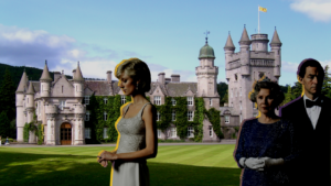 Three formally dressed people as cut-outs standing on a lawn in front of a large historic castle (collage-style).