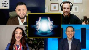 Four-person video call grid with a glowing crystal ball in the center highlighted by a yellow border; participants smile in separate frames.