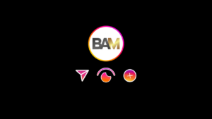 BAM logo in a white circle with a pink-orange gradient border on a black background, with three icons beneath: paper plane, arc with circle, and a gradient circle with a plus.