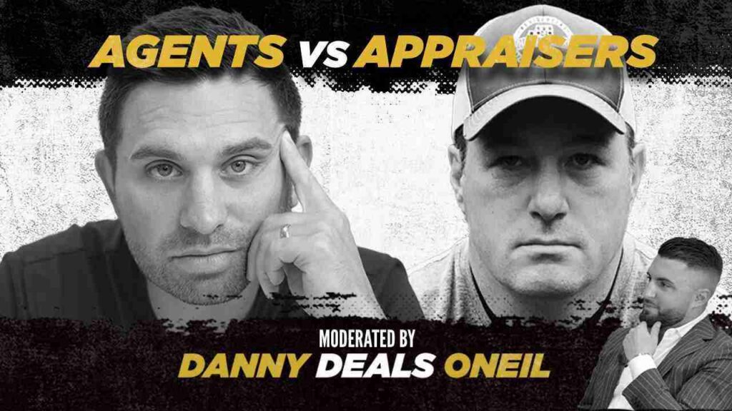 Promotional banner for 'Agents vs Appraisers' featuring two men's faces in grayscale and bold yellow text at top and bottom, with a suited host on the right.