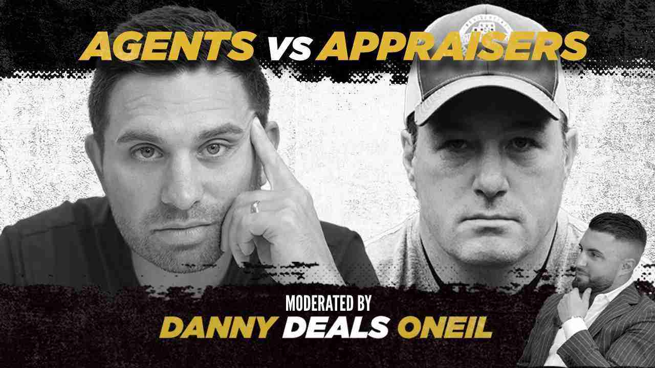 Promotional banner for 'Agents vs Appraisers' featuring two men's faces in grayscale and bold yellow text at top and bottom, with a suited host on the right.