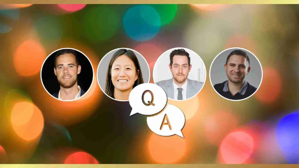 Four headshots in circular frames arranged in a row with Q and A speech bubbles on a colorful bokeh background.
