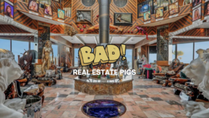 Over-the-top interior with statues and framed portraits; bold caption 'BAD! REAL ESTATE PICS' across the center.