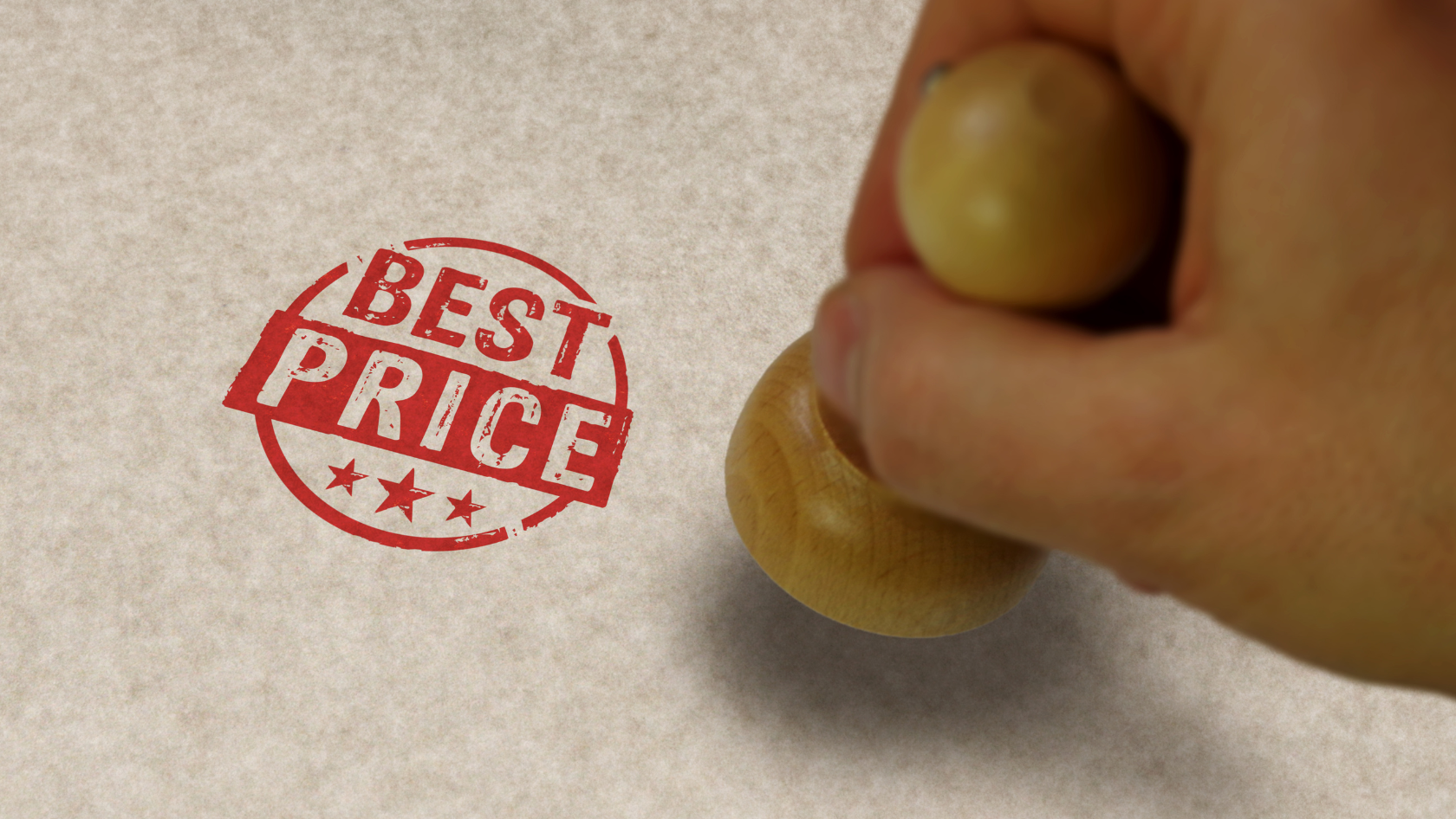 Red 'BEST PRICE' stamp on beige paper, being pressed by a hand, with star accents underneath.