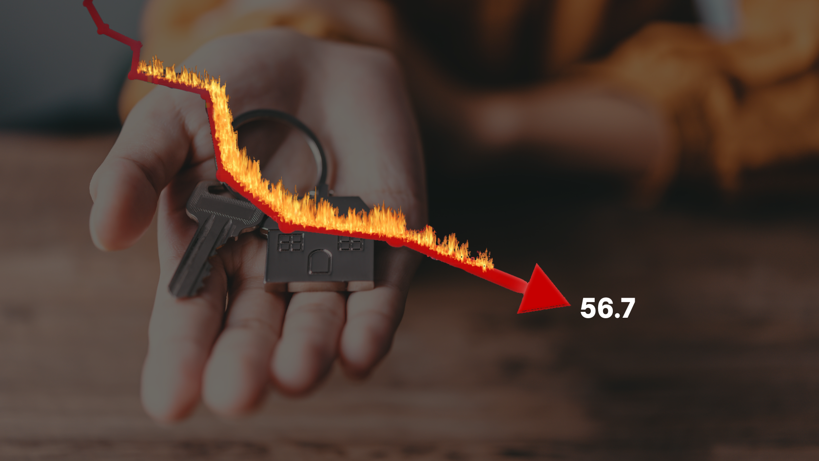 Hand holding a house key; a fiery red line climbs along the key toward the number 56.7, suggesting an upward trend.