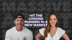 Two smiling adults sit against a dark branded backdrop, with a bold centered headline: 'Hit the Ground Running in a New Market'.
