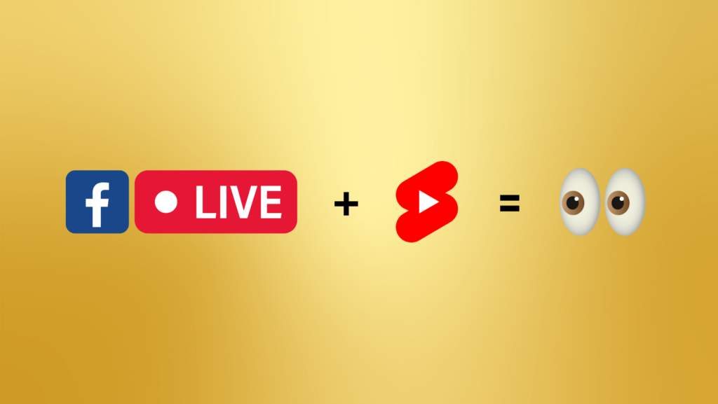 Facebook logo and red LIVE badge plus a red play-button logo, equals a pair of eyes (watching).