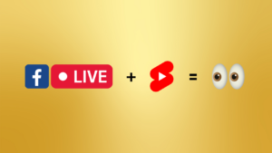 Facebook logo and red LIVE badge plus a red play-button logo, equals a pair of eyes (watching).