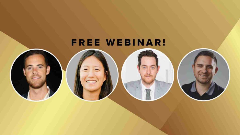 Four speaker photos in circular frames on a brown-gold background announcing a free webinar name/title area included.
