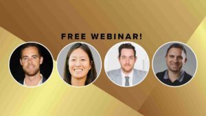 Four speaker photos in circular frames on a brown-gold background announcing a free webinar name/title area included.
