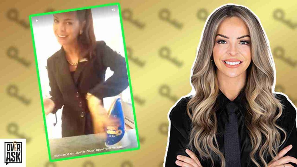 Thumbnail collage: a smiling woman with long wavy hair in a black outfit on the right, and a tilted photo of another woman in a blazer framed in green on the left, set against a yellow patterned background.