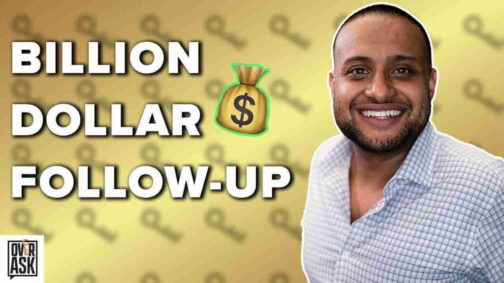 Smiling man in a checkered shirt on the right with bold text 'BILLION DOLLAR FOLLOW-UP' and a money bag emoji on a gold, dollar-pattern background (OverAsk logo bottom-left).