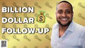 Smiling man in a checkered shirt on the right with bold text 'BILLION DOLLAR FOLLOW-UP' and a money bag emoji on a gold, dollar-pattern background (OverAsk logo bottom-left).