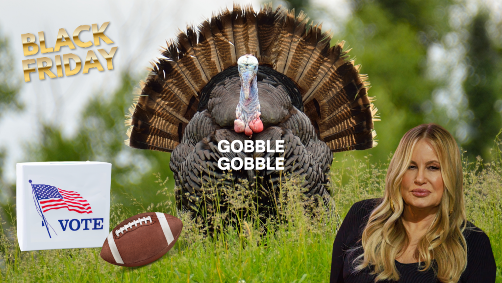 Bold 'BLACK FRIDAY' text with a large turkey center stage, gobble gobble caption, a white VOTE box and football in a grassy field, with a woman on the right.