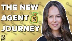 Thumbnail showing a smiling woman on the right and bold white text 'THE NEW AGENT JOURNEY' with a dollar-bag emoji over a yellow patterned background.