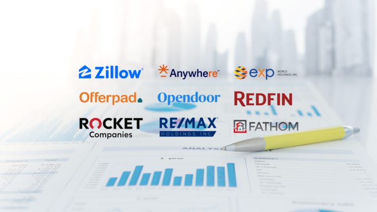 Collage of real estate company logos (Zillow, Anywhere, Exp, Offerpad, Opendoor, Redfin, Rocket Companies, RE/MAX, Fathom) over a blurred financial charts background and a yellow pen in the foreground.
