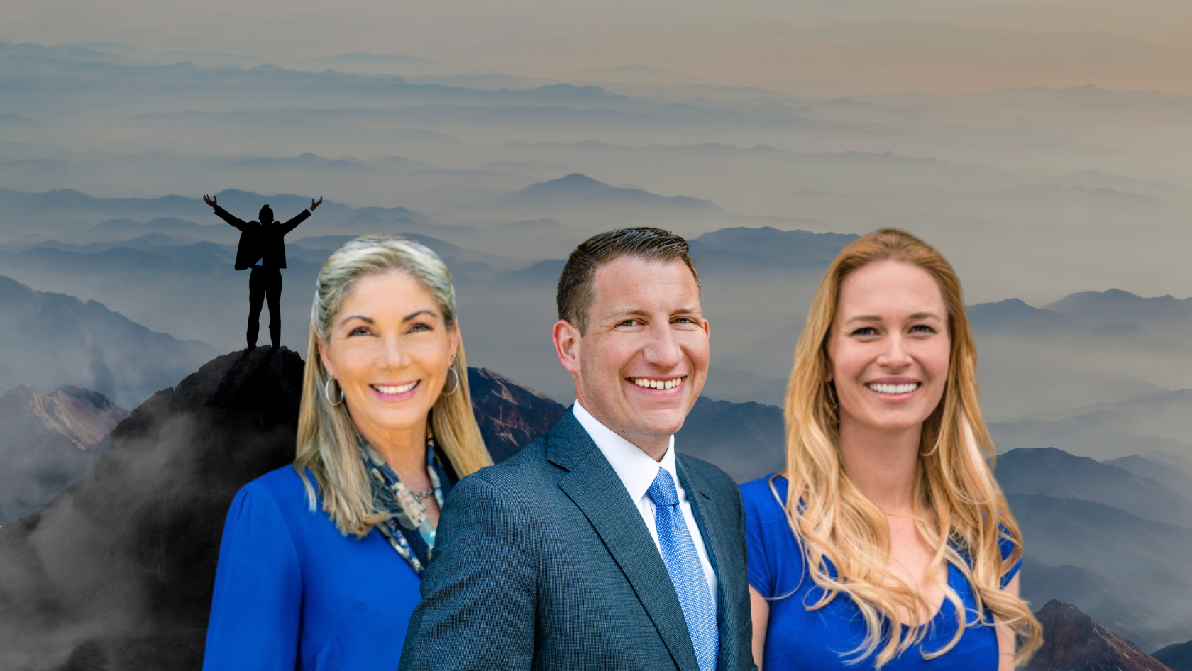 Group of three smiling professionals in the foreground against a misty mountain range; a silhouette of a climber stands on a peak in the background.