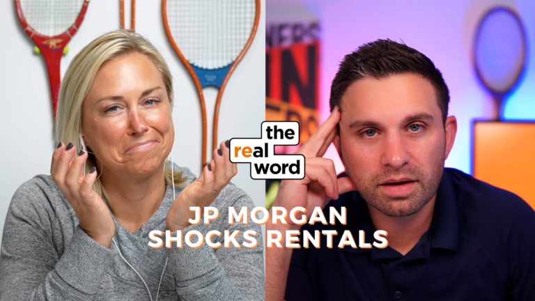 Split-screen thumbnail: left a blonde woman in a gray sweater gesturing with headphones, right a man in a dark polo listening thoughtfully; center logo reads 'the real word'; bold orange text at bottom says 'JP MORGAN SHOCKS RENTALS'.