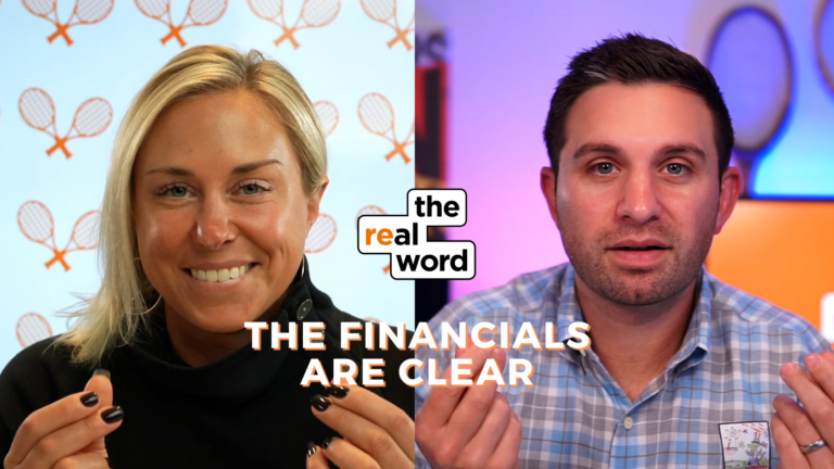Split-screen shows a smiling woman on the left and a man speaking on the right, with the 'the real word' logo centered and the caption 'THE FINANCIALS ARE CLEAR' at the bottom.