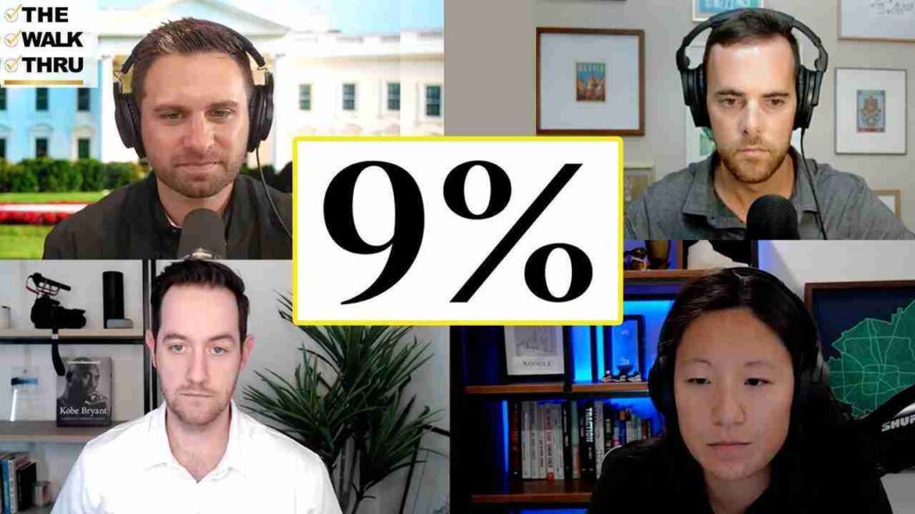 A four-way video call collage with each host wearing a headset and microphone, surrounding a large central '9%' graphic, suggesting a roundtable discussion.