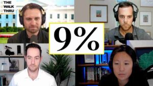 A four-way video call collage with each host wearing a headset and microphone, surrounding a large central '9%' graphic, suggesting a roundtable discussion.