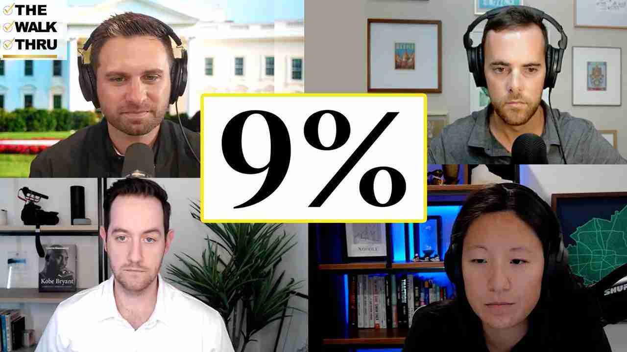 A four-way video call collage with each host wearing a headset and microphone, surrounding a large central '9%' graphic, suggesting a roundtable discussion.