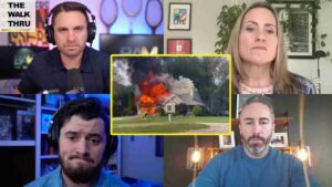 Panel discussion with four hosts; central image shows a suburban house engulfed in flames with thick smoke during a news segment.