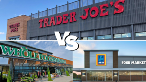 Collage of three grocery store storefronts: Trader Joe's, Whole Foods Market, and Aldi, arranged in a Vs layout for comparison.