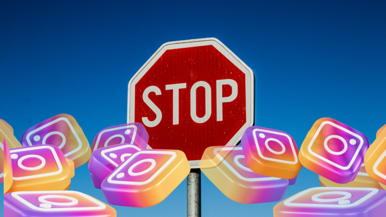 Red stop sign with a cluster of colorful Instagram logos floating at the bottom against a clear blue sky.