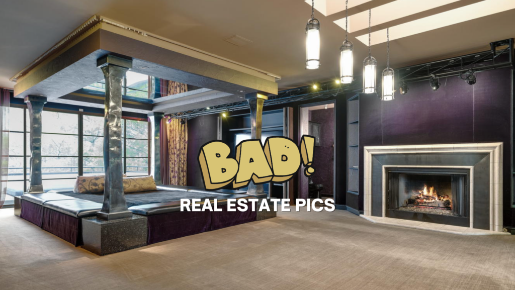 Luxurious living room with a raised bed platform, fireplace, and a bold 'BAD! REAL ESTATE PICS' text overlay.