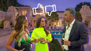 Three guests in evening attire with wine glasses by a pool at a luxury estate, large thumbs-up and thumbs-down icons floating above.
