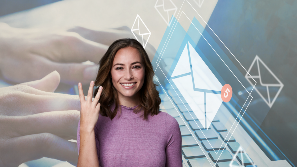 Smiling woman in a purple sweater with a keyboard and abstract geometric graphics in the background.