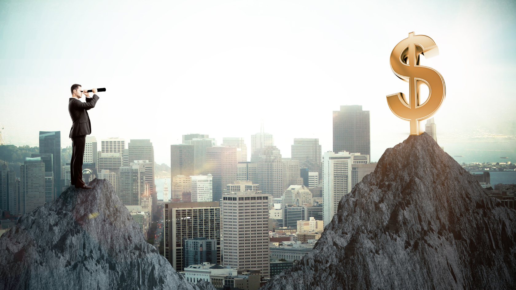 Businessman on a rocky peak aiming a telescope toward a giant golden dollar sign on another peak above a city skyline.
