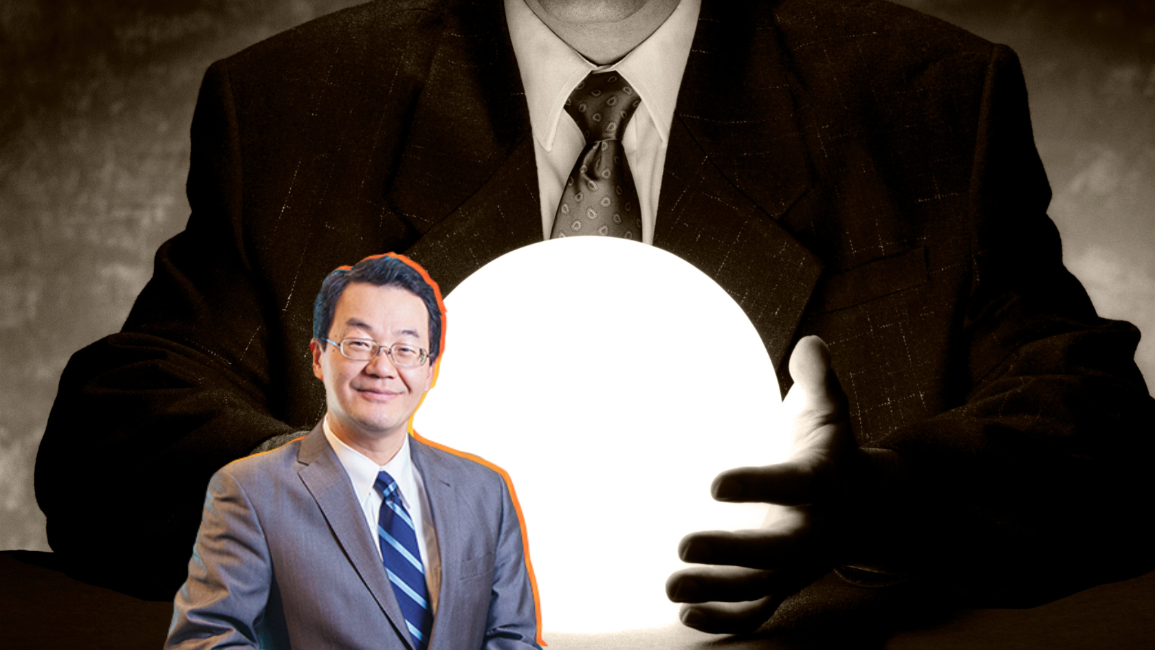 Silhouetted businessman cradles a glowing crystal ball; a foreground portrait of a suited man is clipped onto the scene.