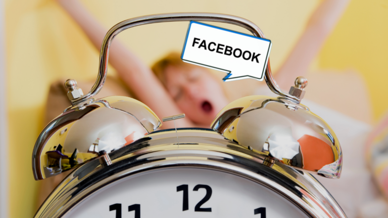 Shiny alarm clock in the foreground with a Facebook speech bubble; a yawning person lies in bed blurred in the background.