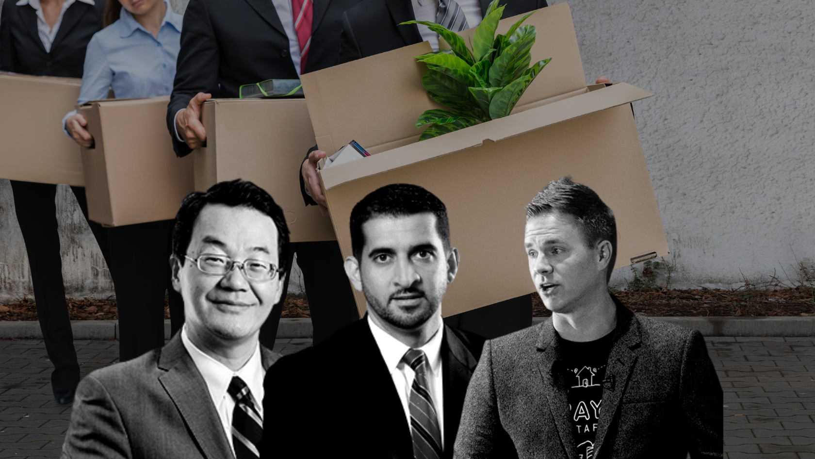 Group of suited workers carrying large cardboard boxes outside, one box with a plant inside.