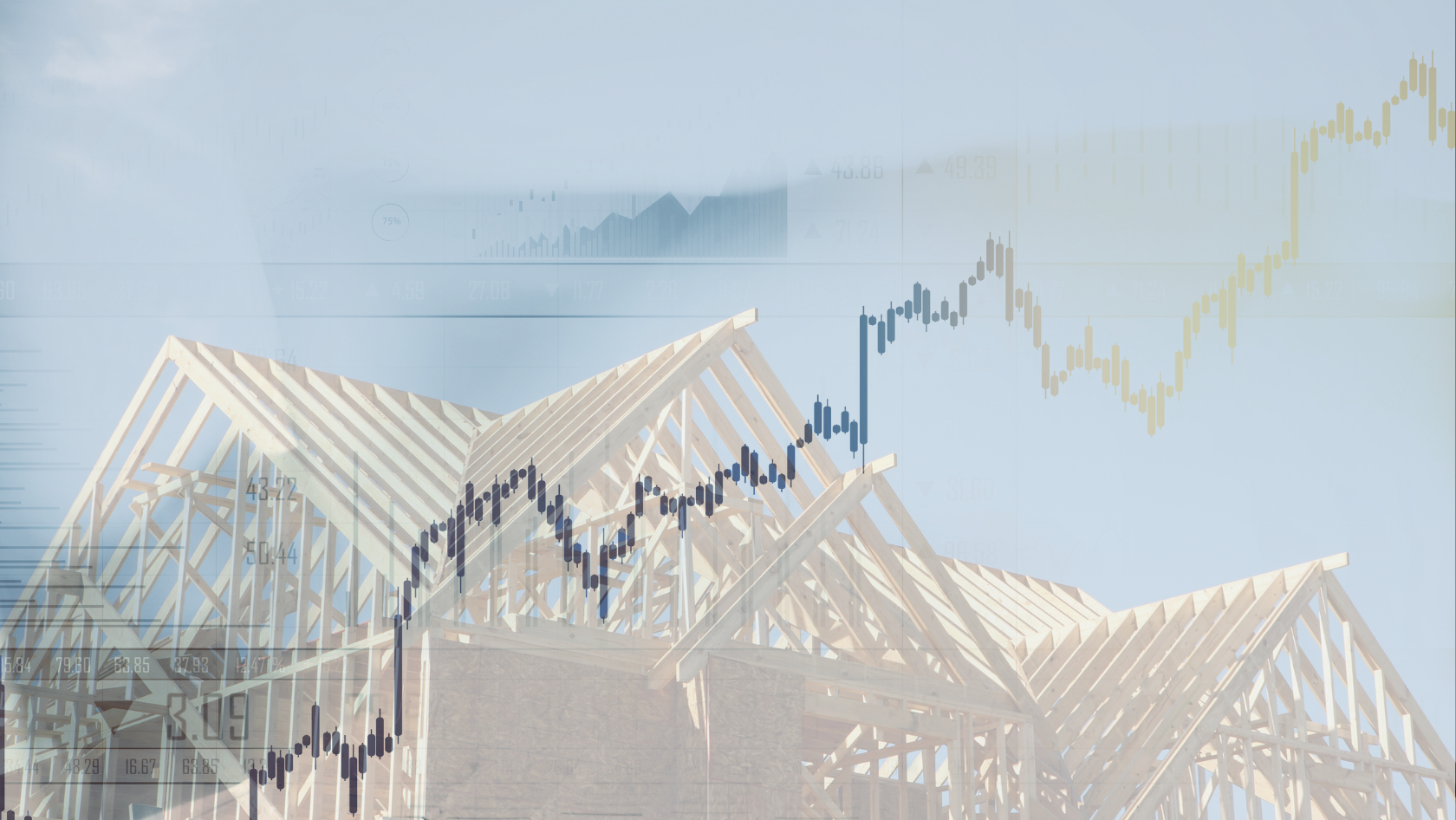 Construction site with wooden roof trusses overlaid by translucent stock charts, illustrating real estate market trends.