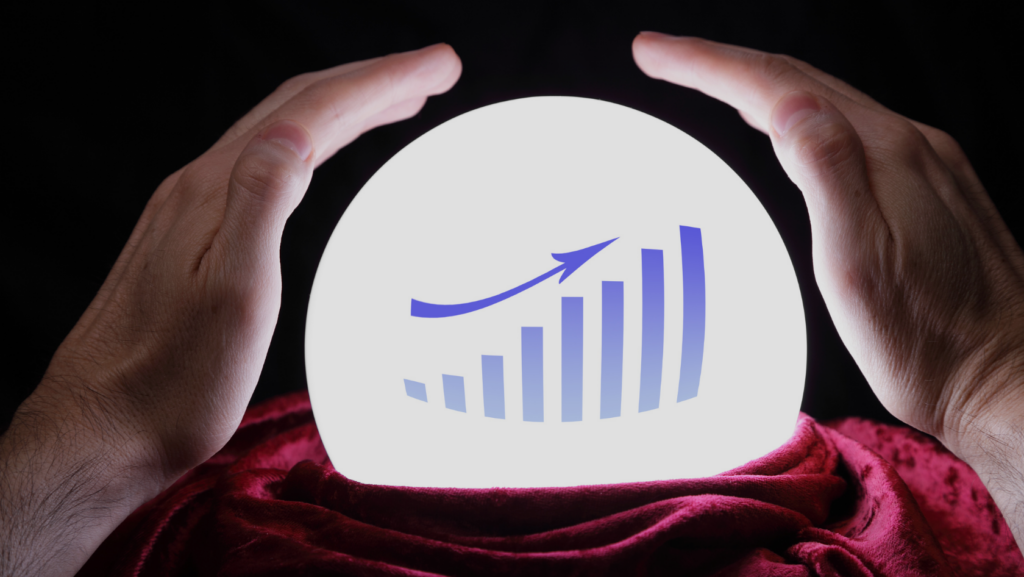 Hands cradle a glowing orb displaying a rising bar chart and arrow, symbolizing growth and analytics.