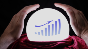 Hands cradle a glowing orb displaying a rising bar chart and arrow, symbolizing growth and analytics.
