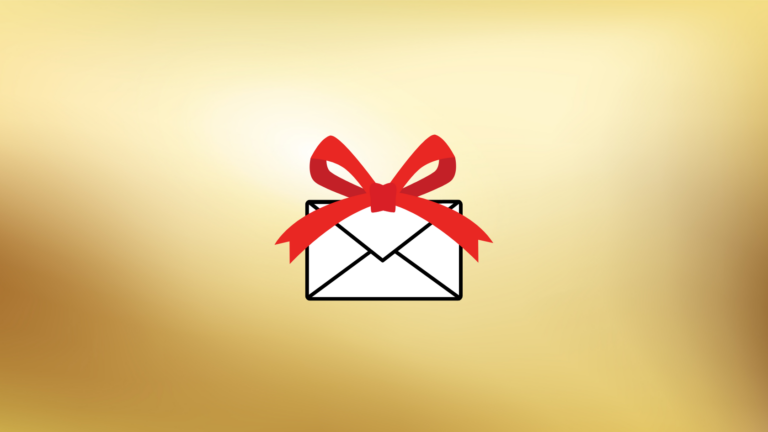 White envelope with a red bow on a gold gradient background, symbolizing a gift