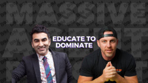 Banner image: two men posed for a program titled 'Educate to Dominate' with a bold purple-outlined title between them, background has repeated BAM logos.