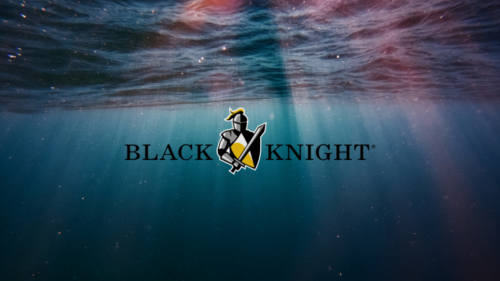 Black Knight logo centered with armored knight holding a sword and shield, flanked by the text BLACK KNIGHT, over an underwater blue background.