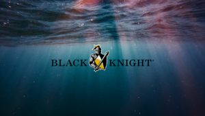 Black Knight logo centered with armored knight holding a sword and shield, flanked by the text BLACK KNIGHT, over an underwater blue background.