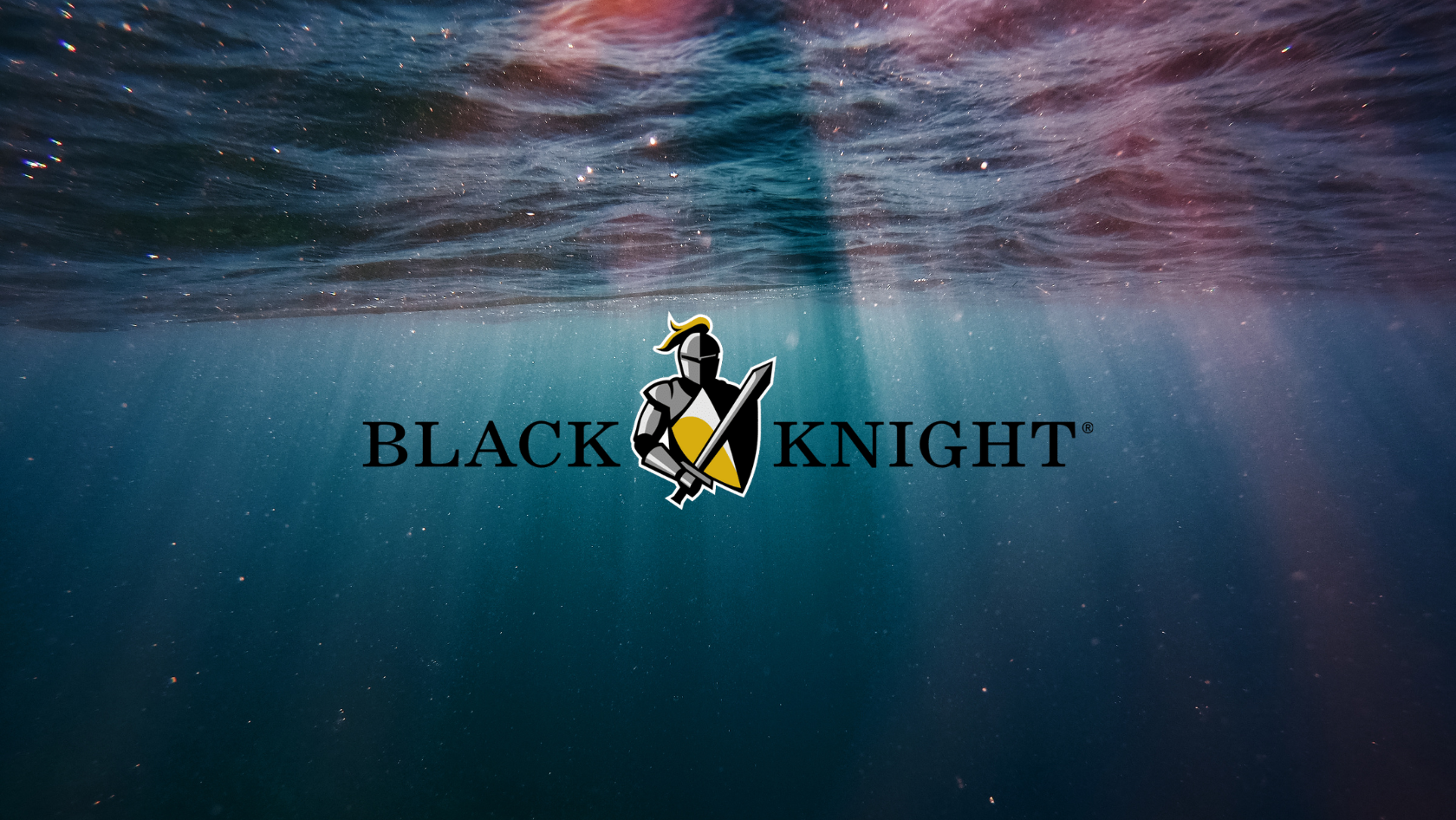 Black Knight logo centered with armored knight holding a sword and shield, flanked by the text BLACK KNIGHT, over an underwater blue background.