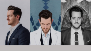 Three men in suits depicted in a triptych: left profile, center looking down, right grayscale with intricate backdrop.
